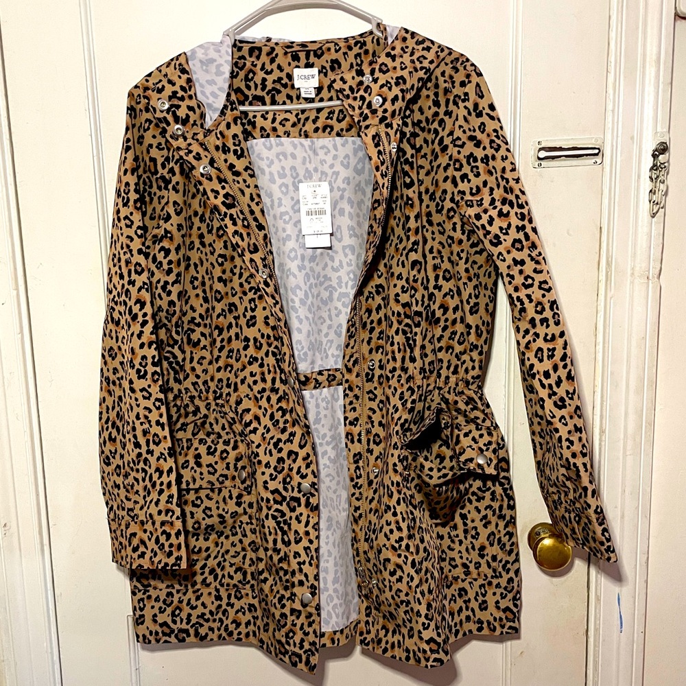 J CREW | M | NWT Hooded Midi-length 🐆Leopard Print🐆 Raincoat with Pockets